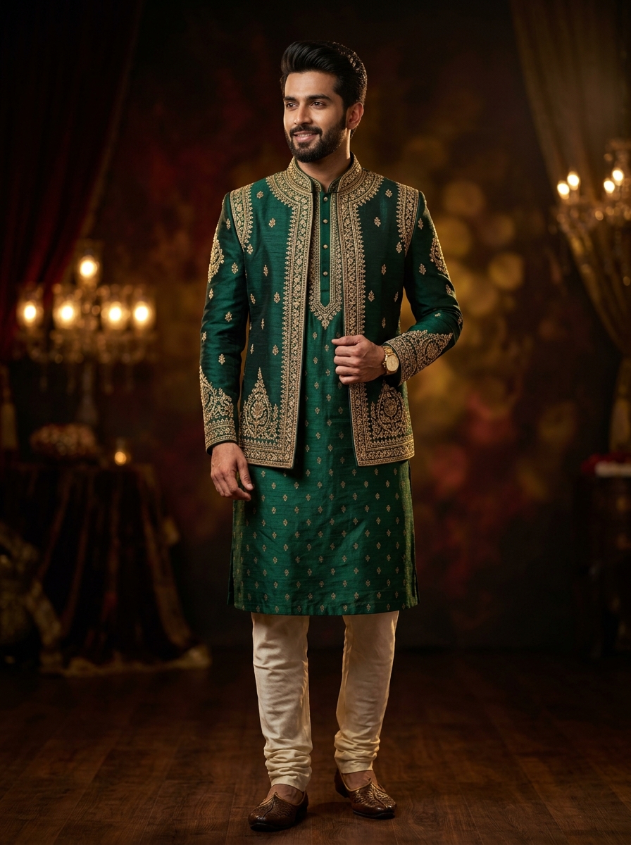 Emerald & Gold Silk Kurta Nehru Ensemble